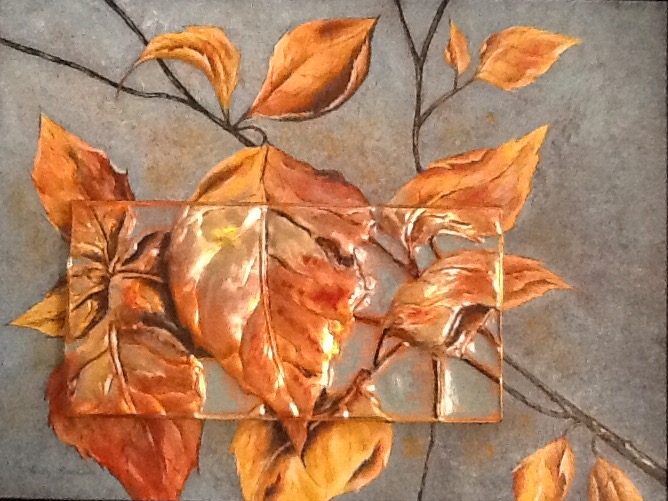 Acrylic painting of autumn leaves and Fall sky behind,with detailed image worked in copper repousse and applied on top of canvas.