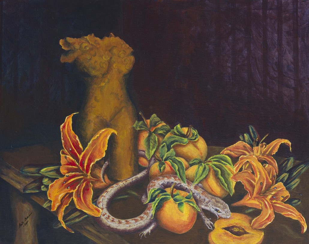 A still life in the manner of the Old Masters. Setting includes a pottery torso sculpture, tiger lilies and peaches, with a lizard crawling around between the peaches.