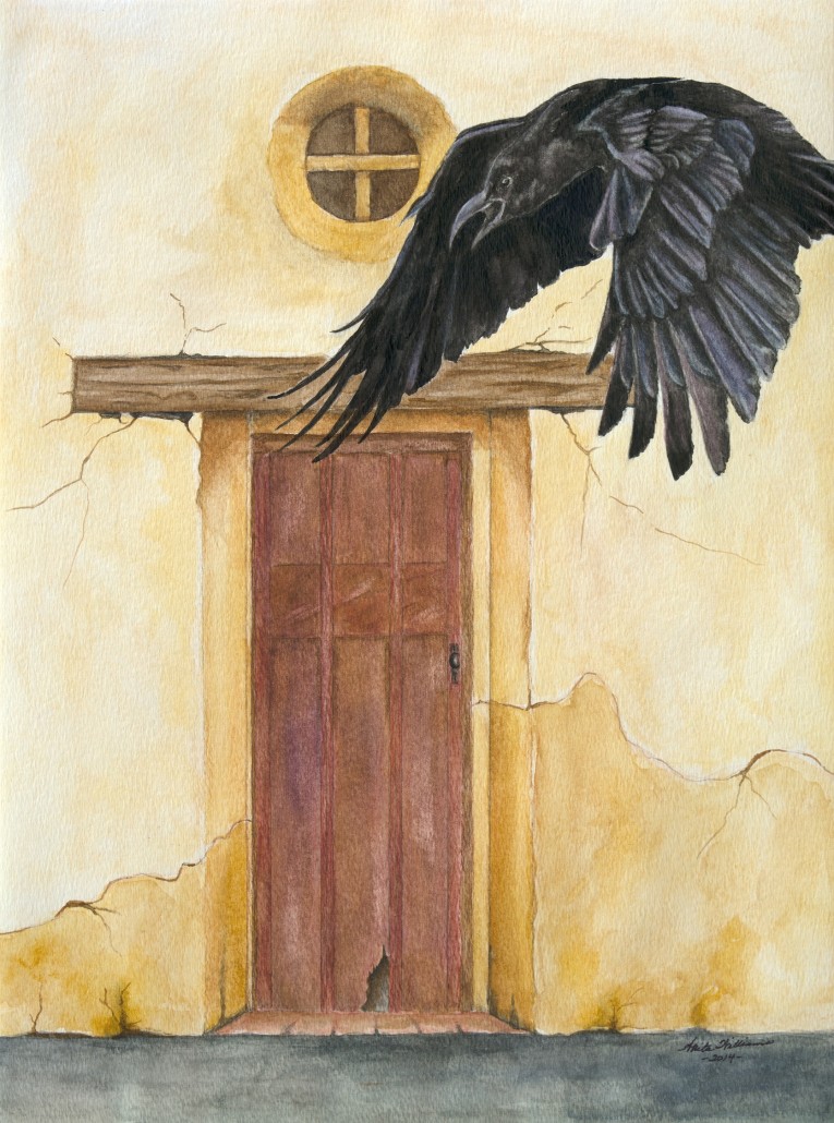 A large black raven flies by the doorway of an old mission.