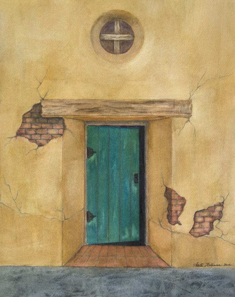 Watercolor of an old mission, the doorway ajar. Is someone coming in or leaving?