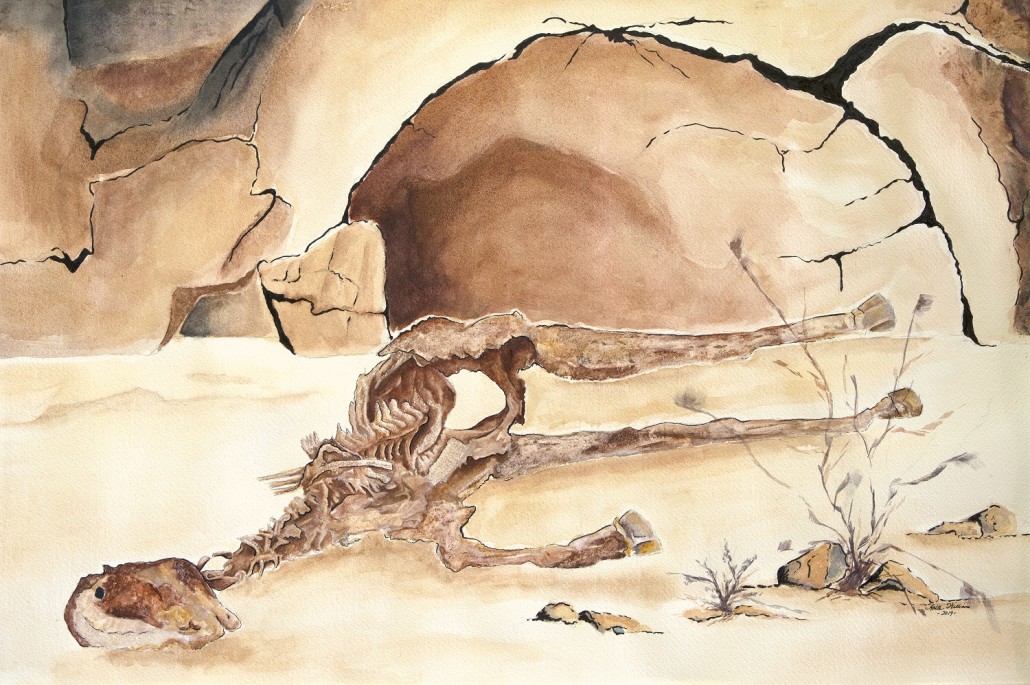 Watercolor of horse skeleton reclining in front of sandstone wall structures.