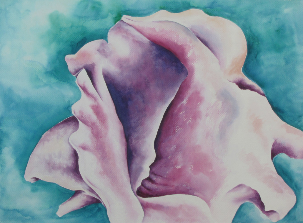 Close up view of watercolored conch shell in lavenders, white and rose tones.