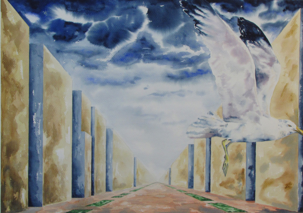 A seagull flies through an alleyway of buildings in this interpretive painting.