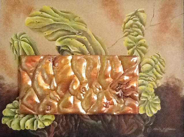 Acrylic painting of "grotesque" succulent with detailed image worked in copper repousse and applied on top of canvas.